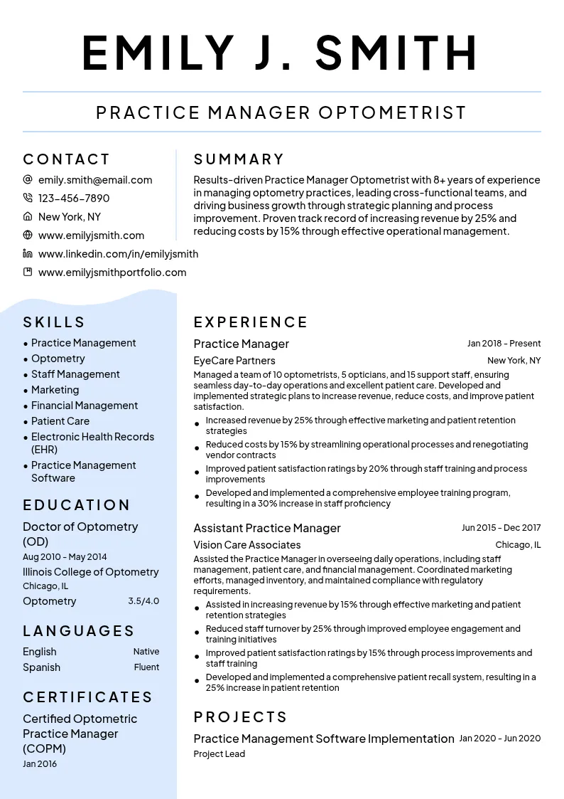 Practice Manager Optometrist resume example