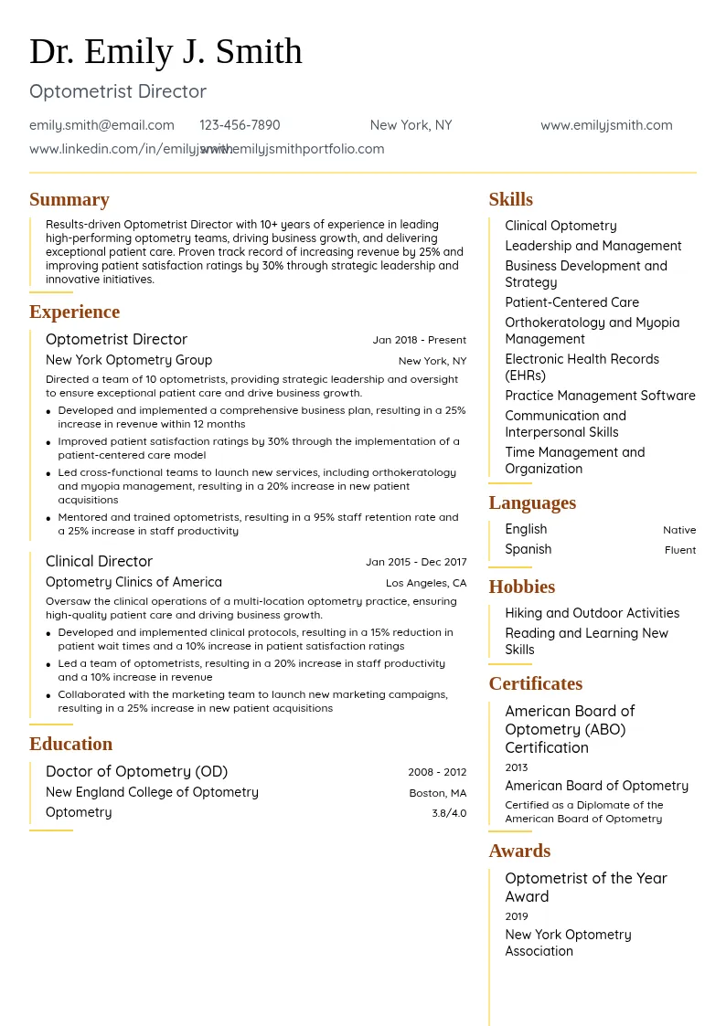 Optometrist Director resume example