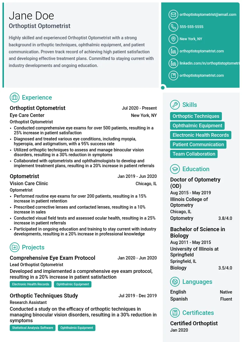 Orthoptist Optometrist resume example