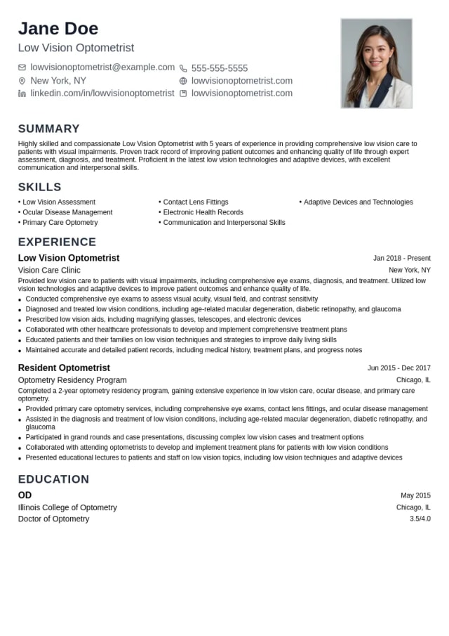 Low Vision Optometrist resume example