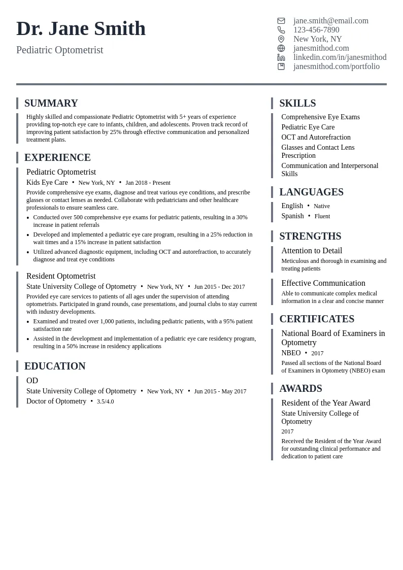 Pediatric Optometrist resume example