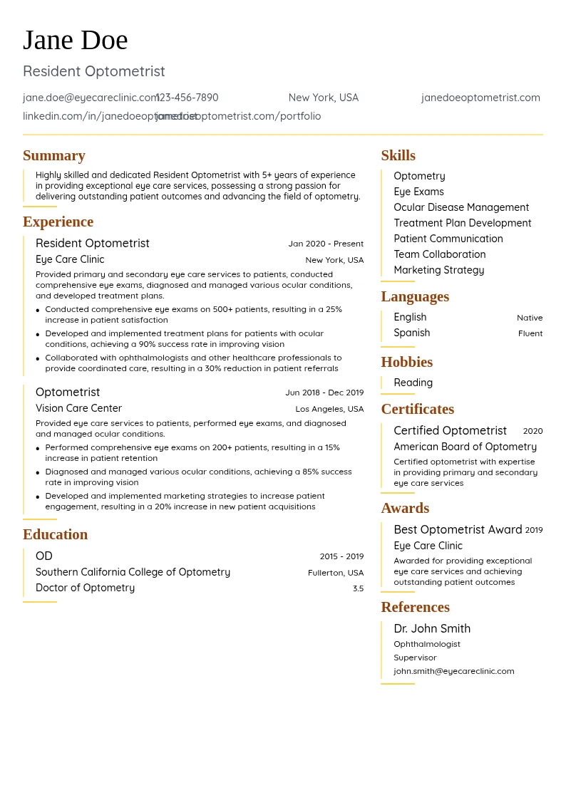Resident Optometrist resume example