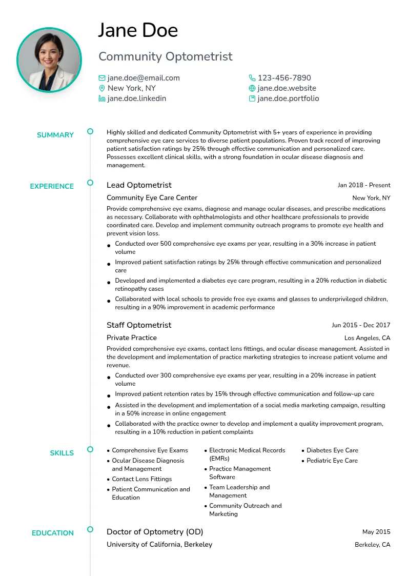 Community Optometrist resume example