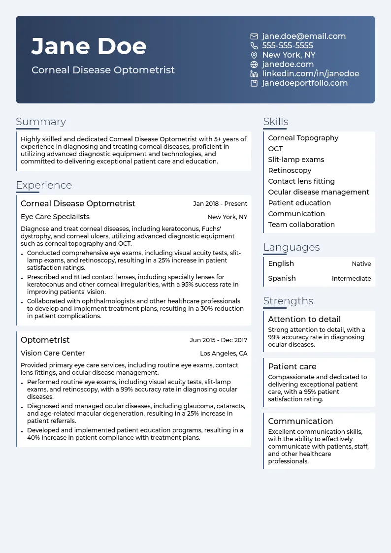 Corneal Disease Optometrist resume example