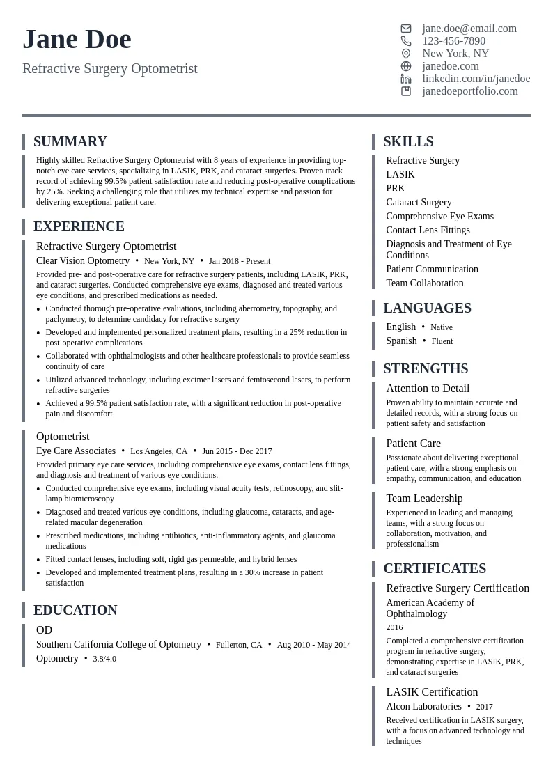 Refractive Surgery Optometrist resume example