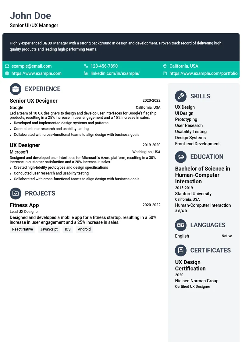 Senior UI/UX Manager resume example