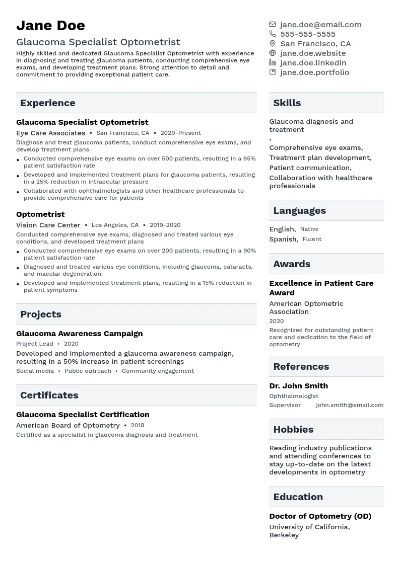 Glaucoma Specialist Optometrist resume example