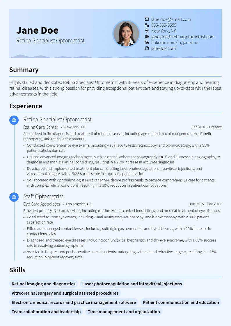 Retina Specialist Optometrist resume example