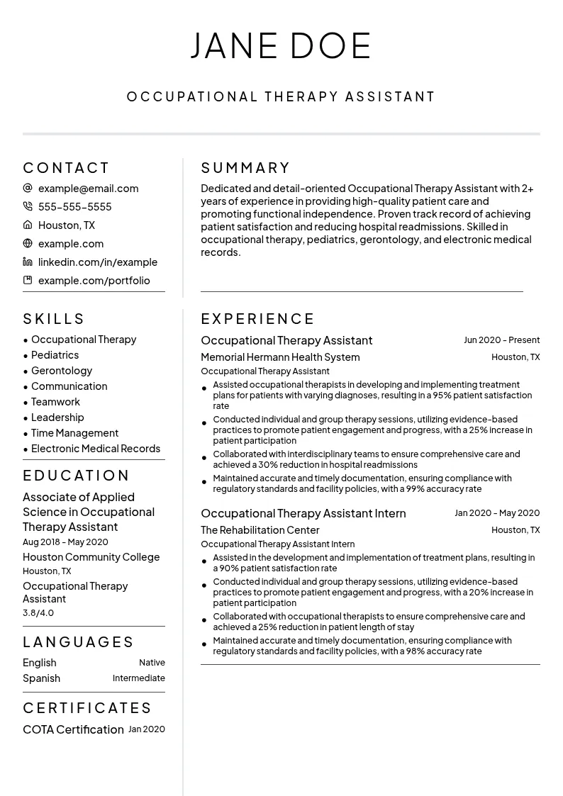 Occupational Therapy Assistant (OTA) resume example
