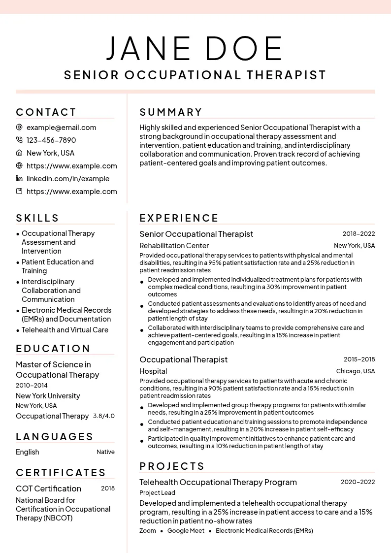 Senior Occupational Therapist resume example