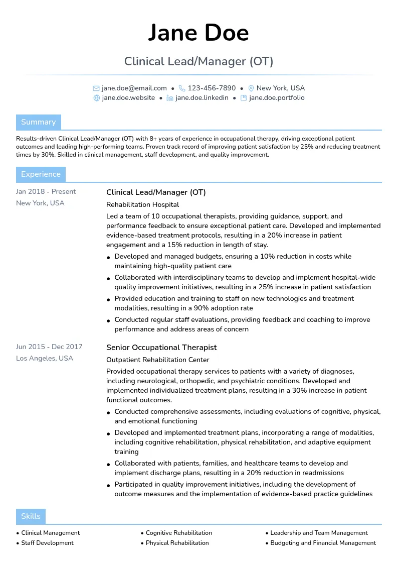 Clinical Lead/Manager (OT) resume example