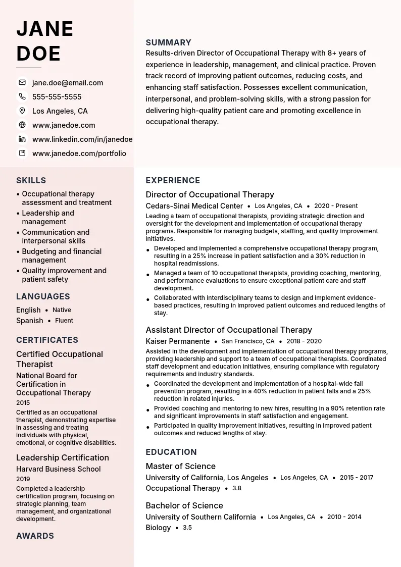 Director of Occupational Therapy resume example