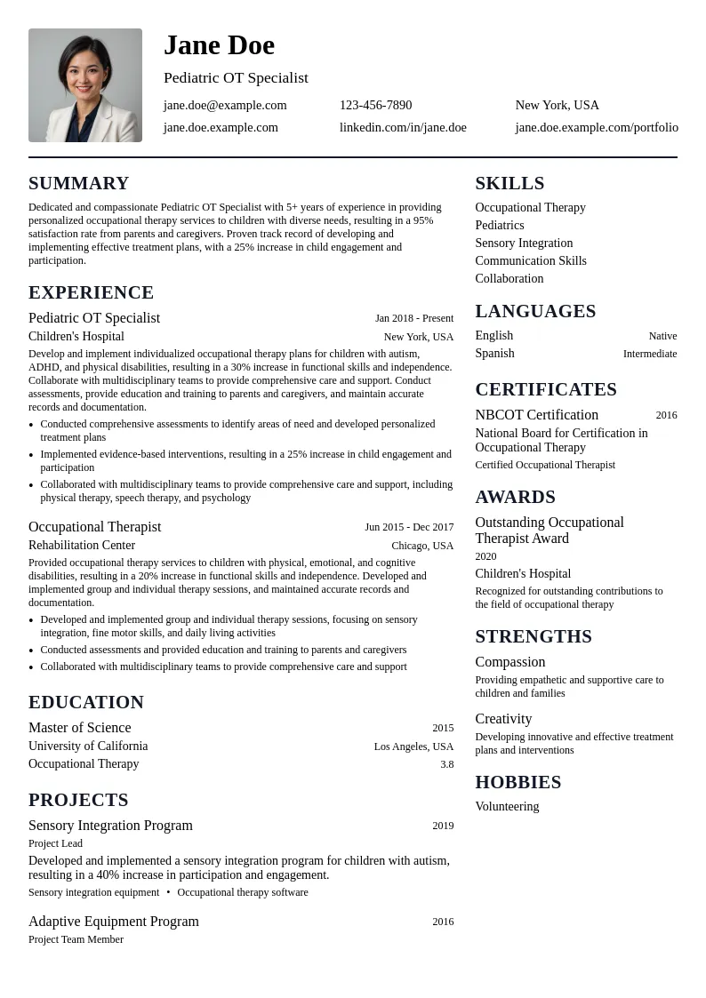 Pediatric OT Specialist resume example