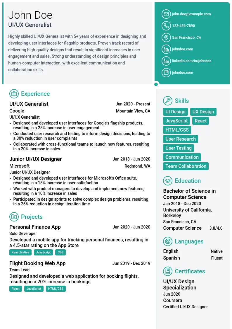 UI/UX Generalist resume example