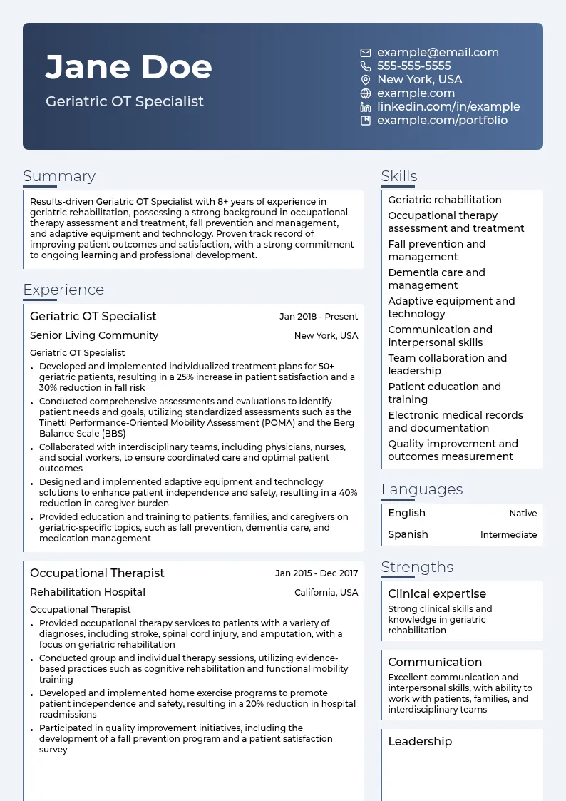 Geriatric OT Specialist resume example