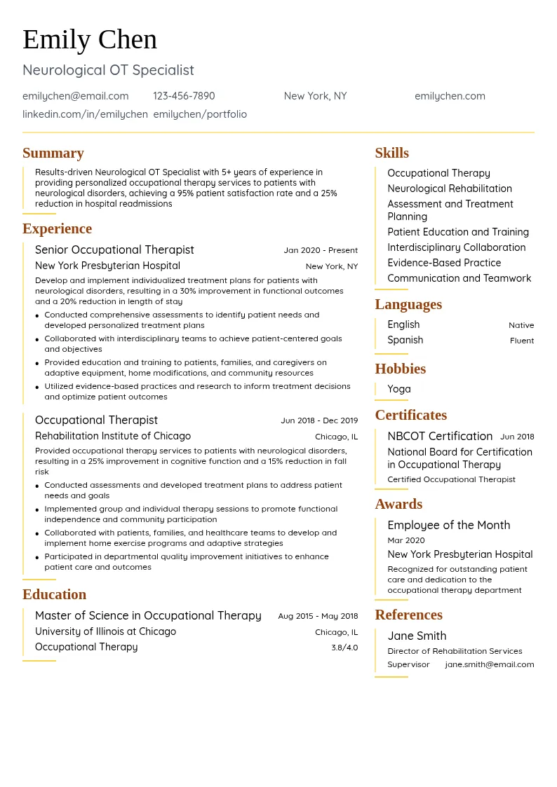 Neurological OT Specialist resume example