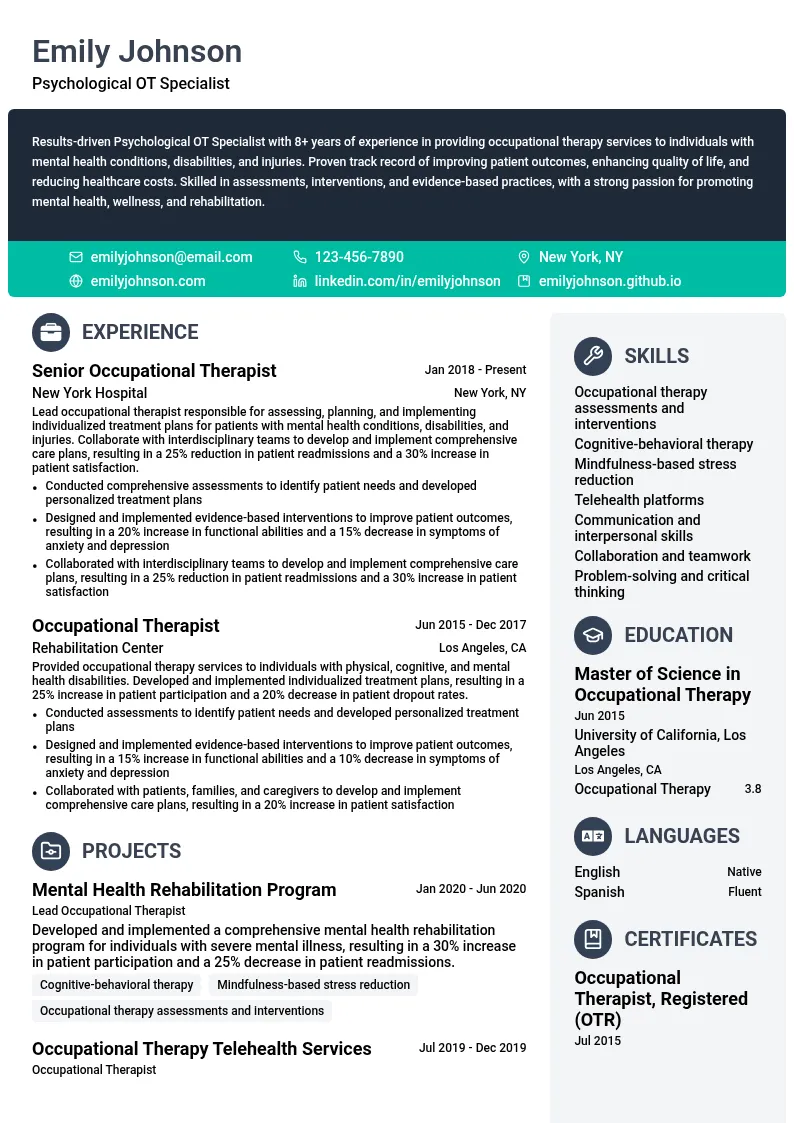 Psychological OT Specialist resume example