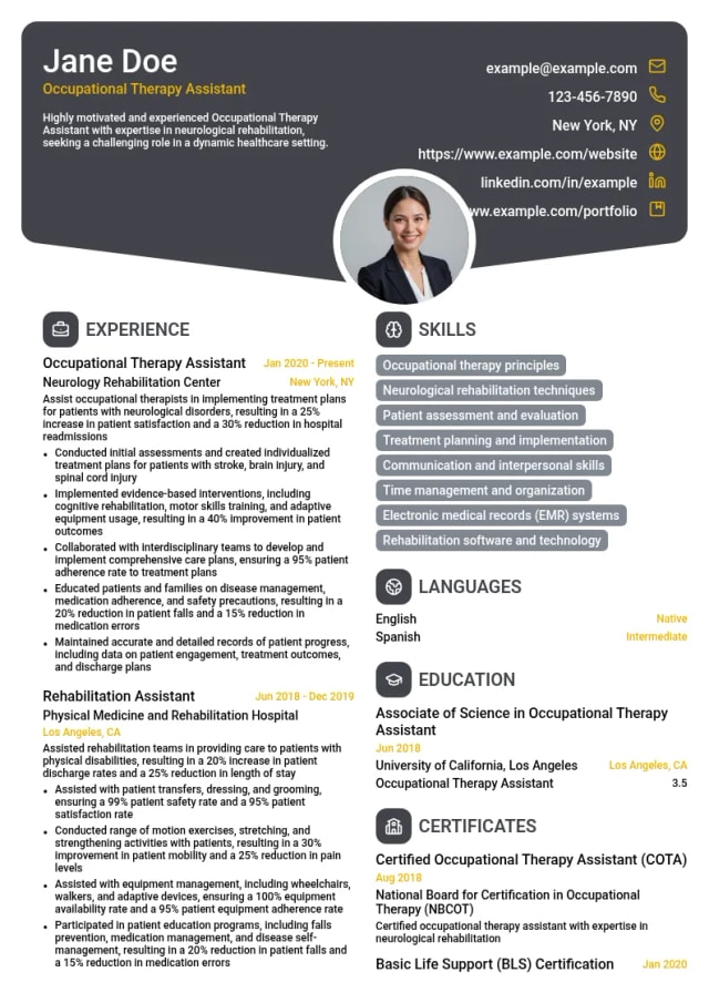 Occupational Therapy Assistant (OTA) for Neurology resume example