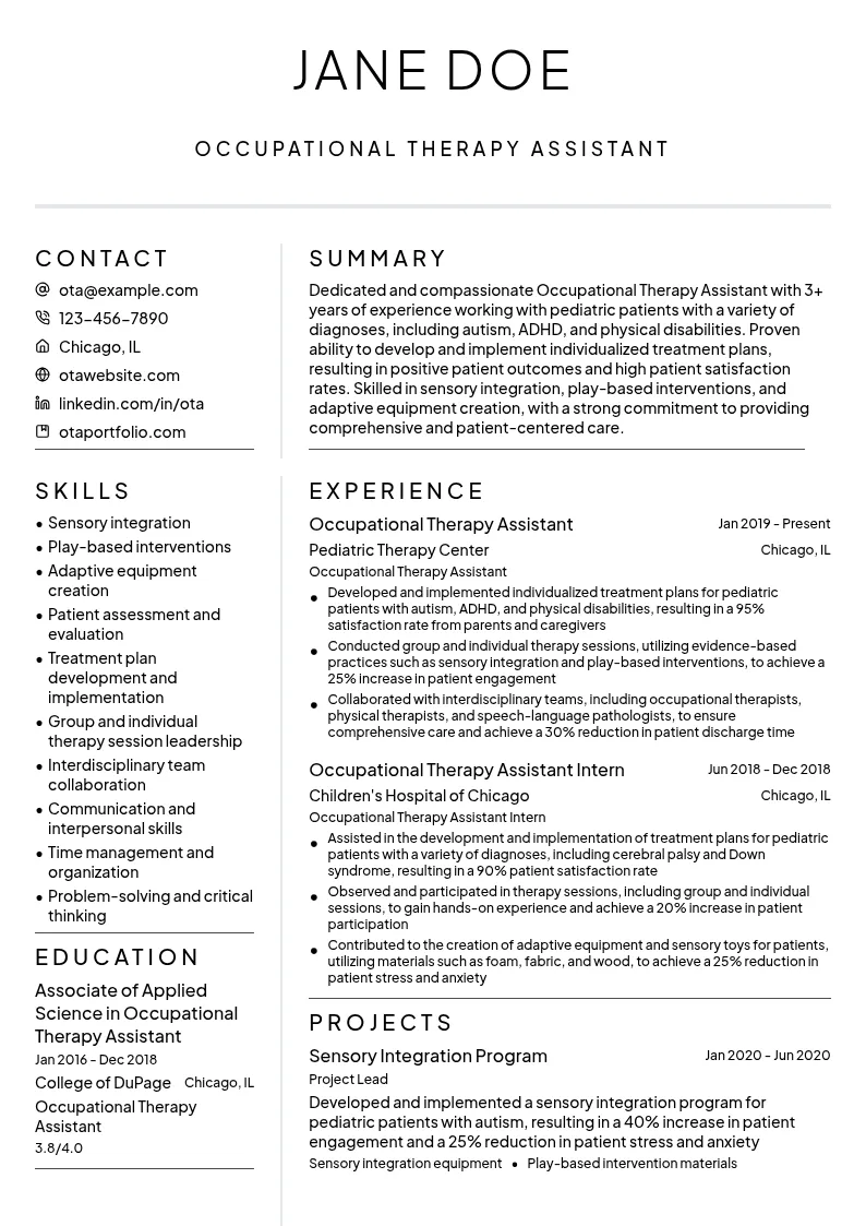 Occupational Therapy Assistant (OTA) for Pediatrics resume example