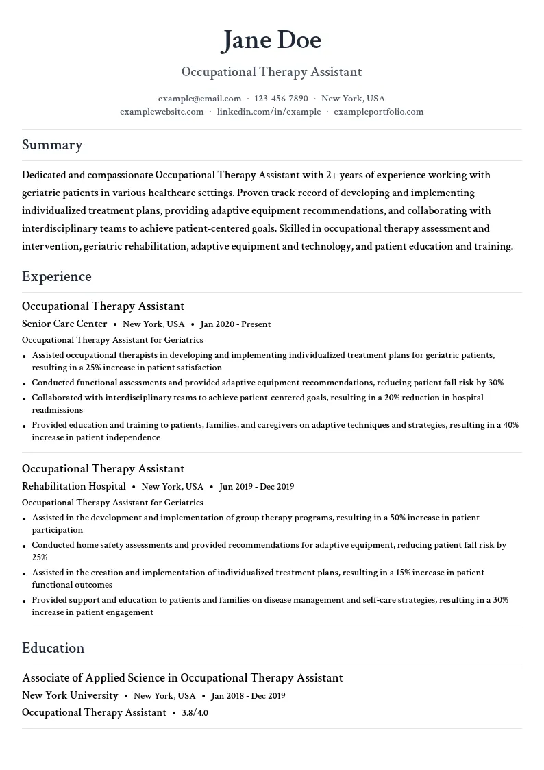 Occupational Therapy Assistant (OTA) for Geriatrics resume example