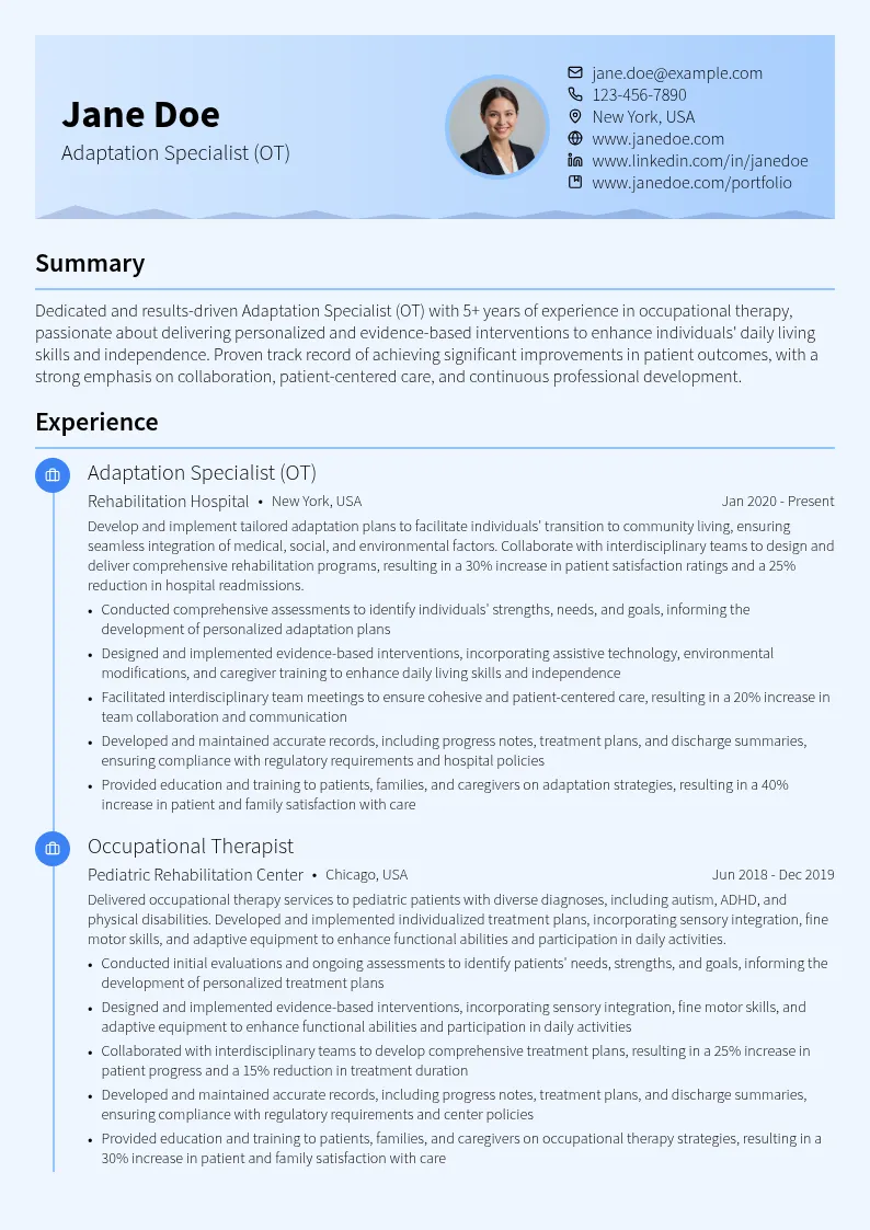 Adaptation Specialist (OT) resume example