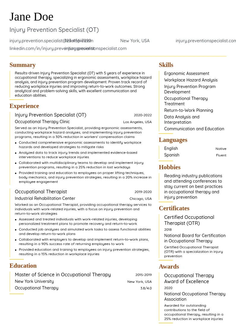Injury Prevention Specialist (OT) resume example