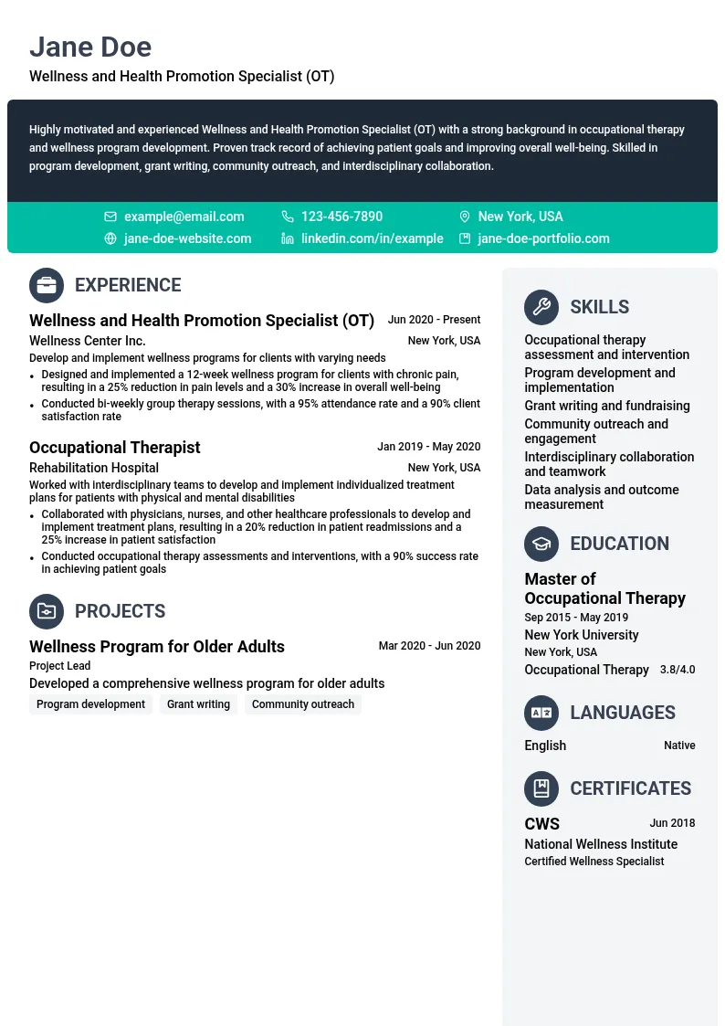 Wellness and Health Promotion Specialist (OT) resume example