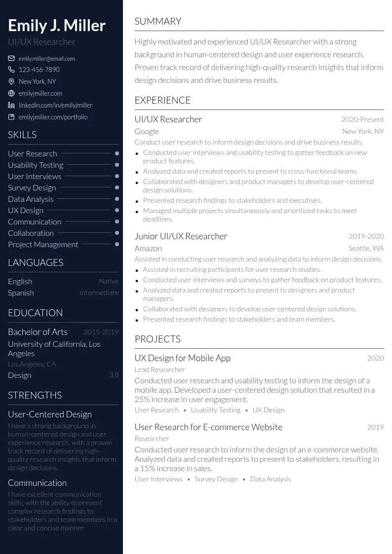 UI/UX Researcher resume example
