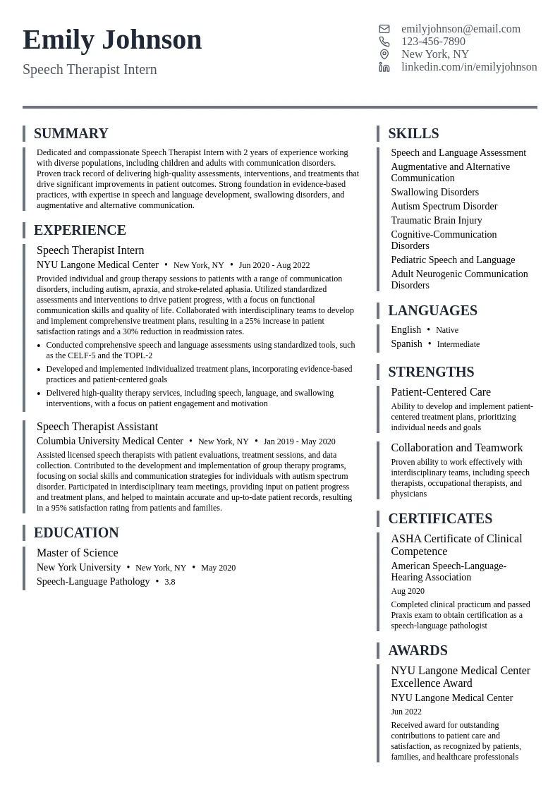Speech Therapist Intern resume example