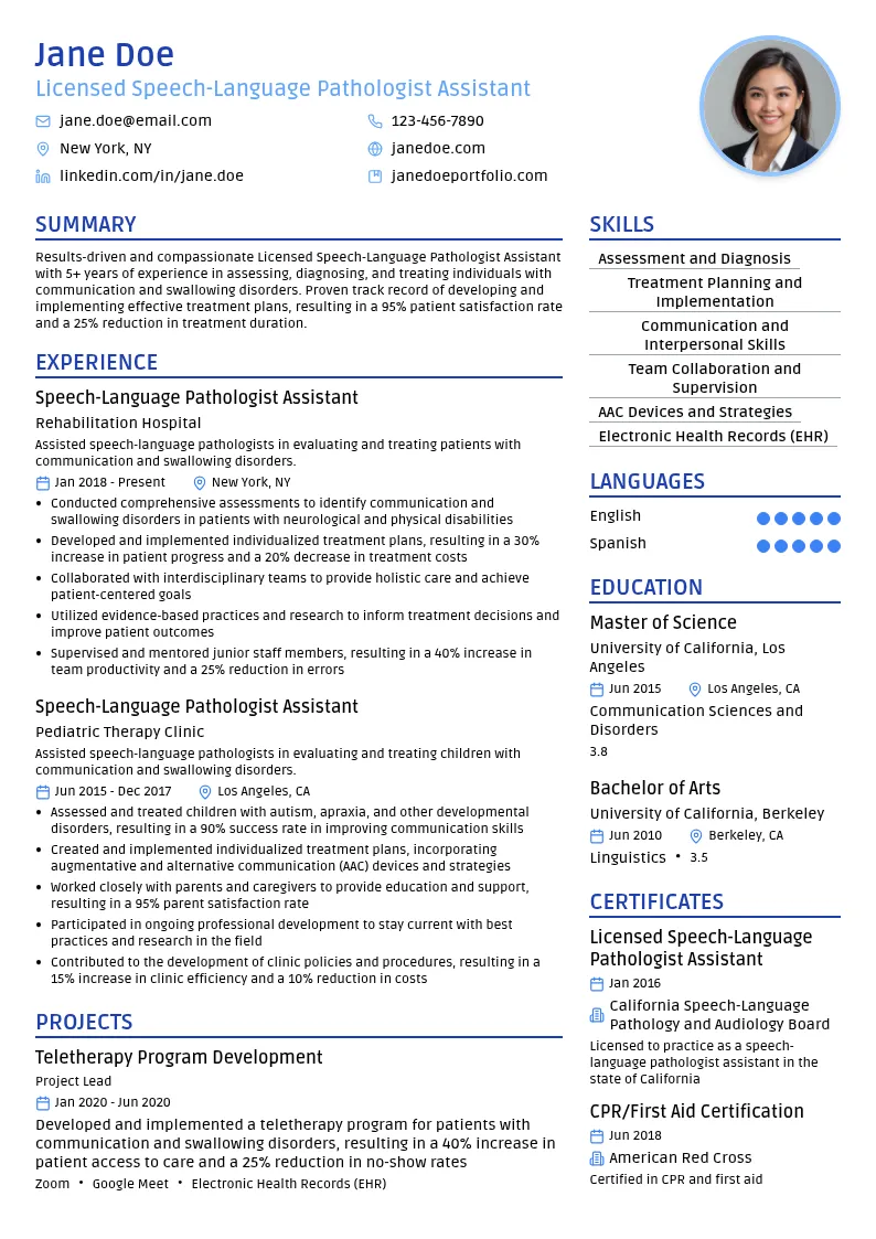 Licensed Speech-Language Pathologist Assistant resume example