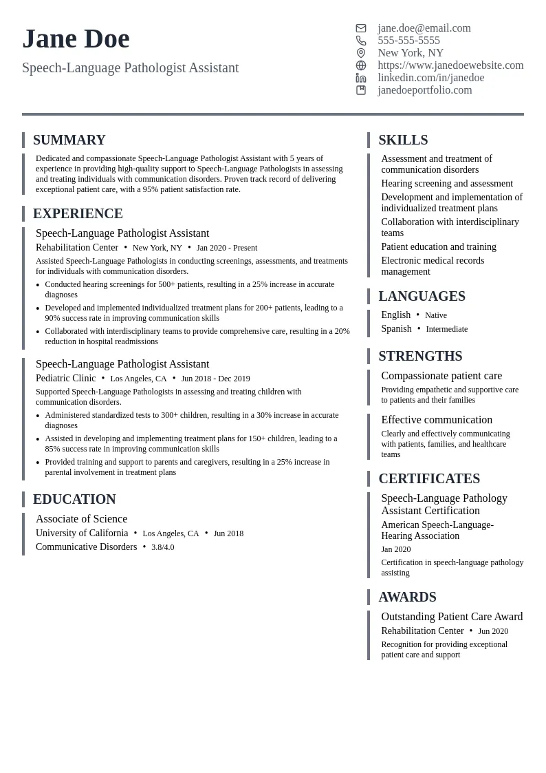 Speech-Language Pathologist Assistant resume example