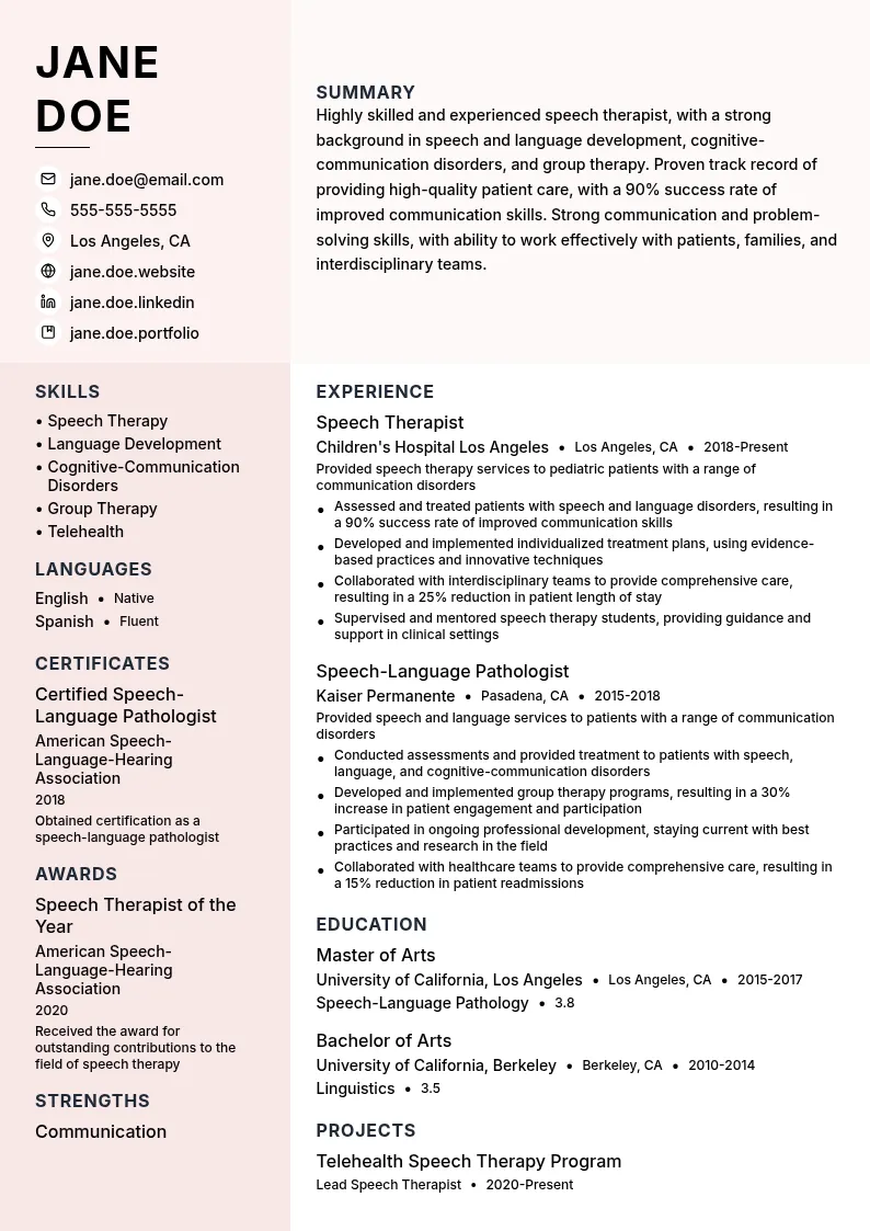 Speech Therapist resume example
