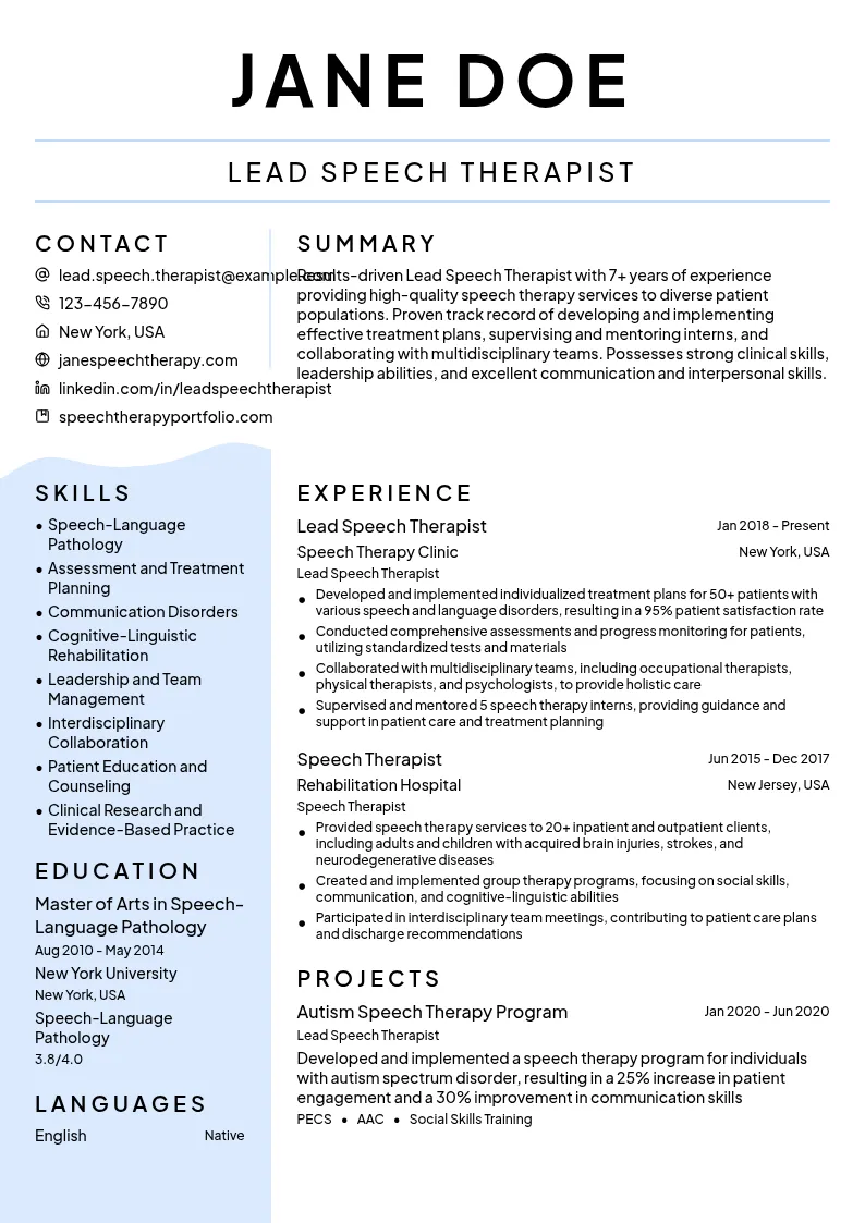 Lead Speech Therapist resume example