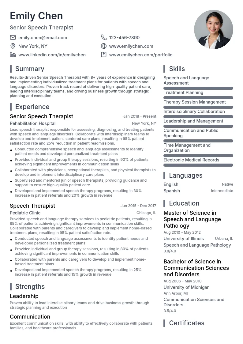 Senior Speech Therapist resume example