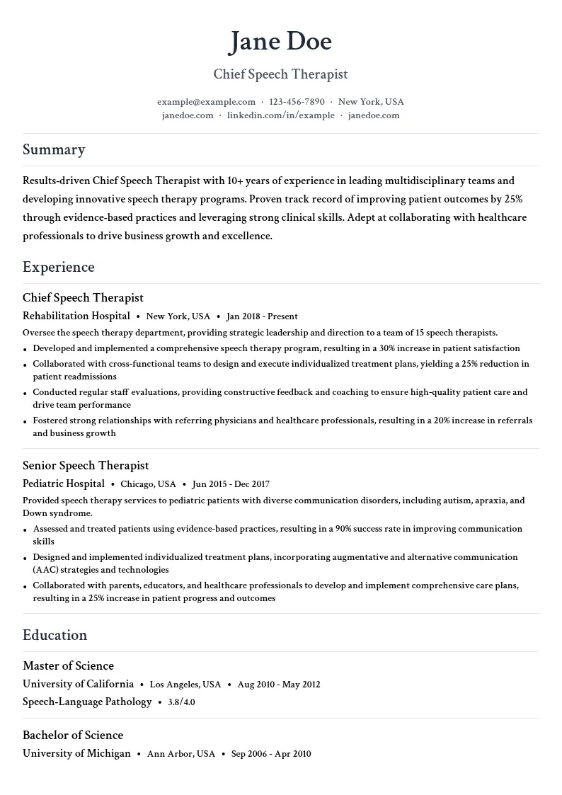 Chief Speech Therapist resume example