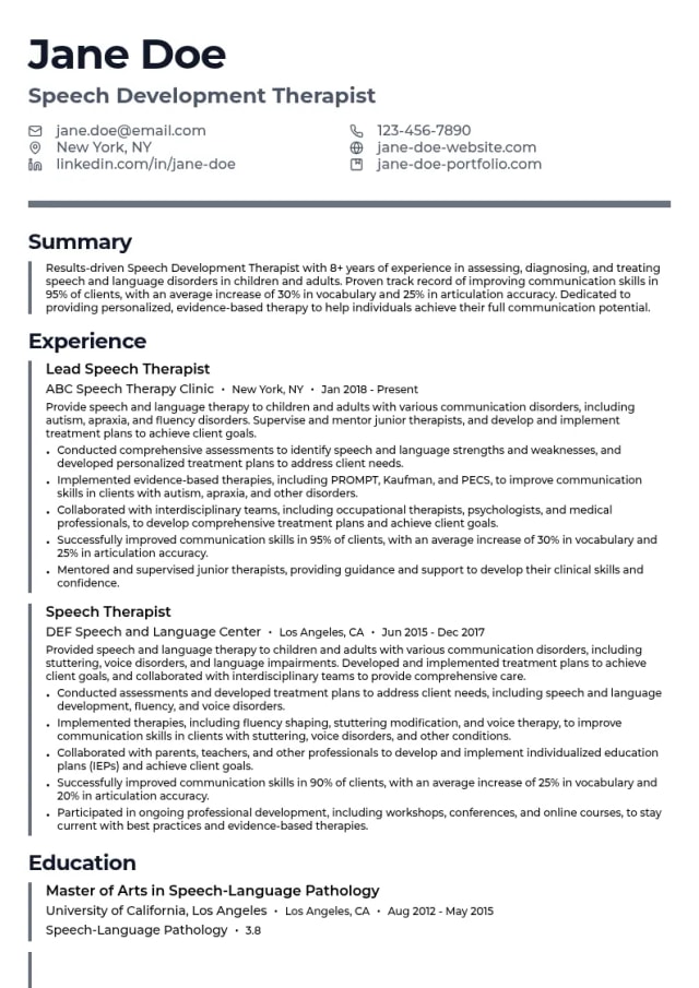 Speech Development Therapist resume example