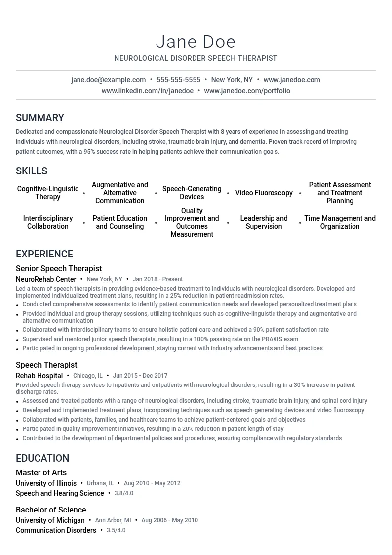 Neurological Disorder Speech Therapist resume example