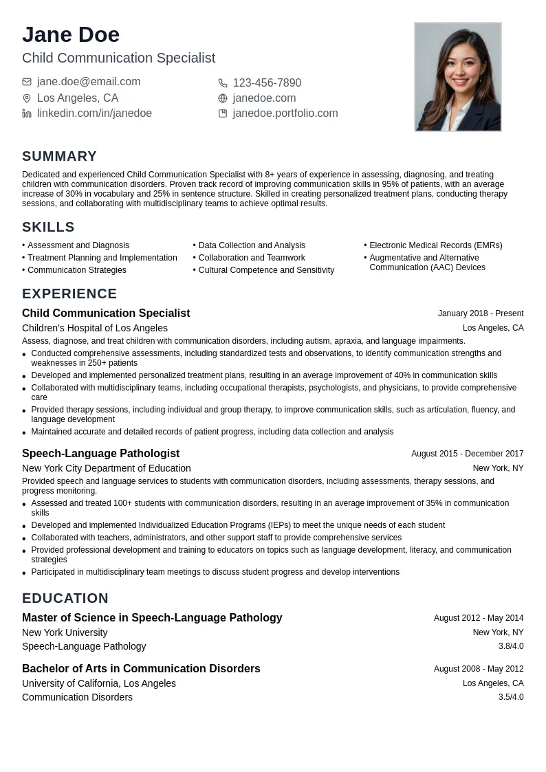Child Communication Specialist resume example