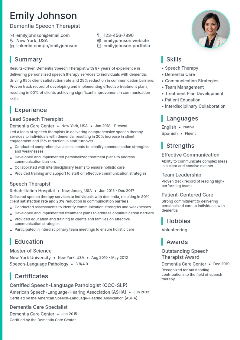 Dementia Speech Therapist resume example