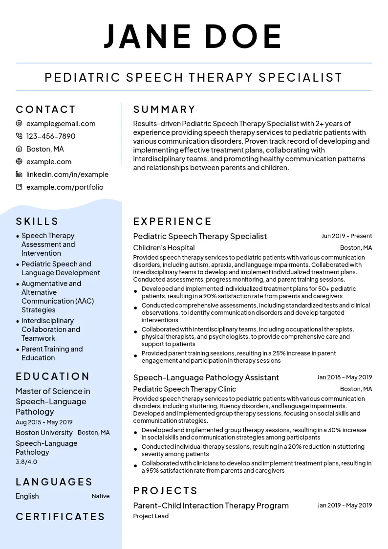 Pediatric Speech Therapy Specialist resume example