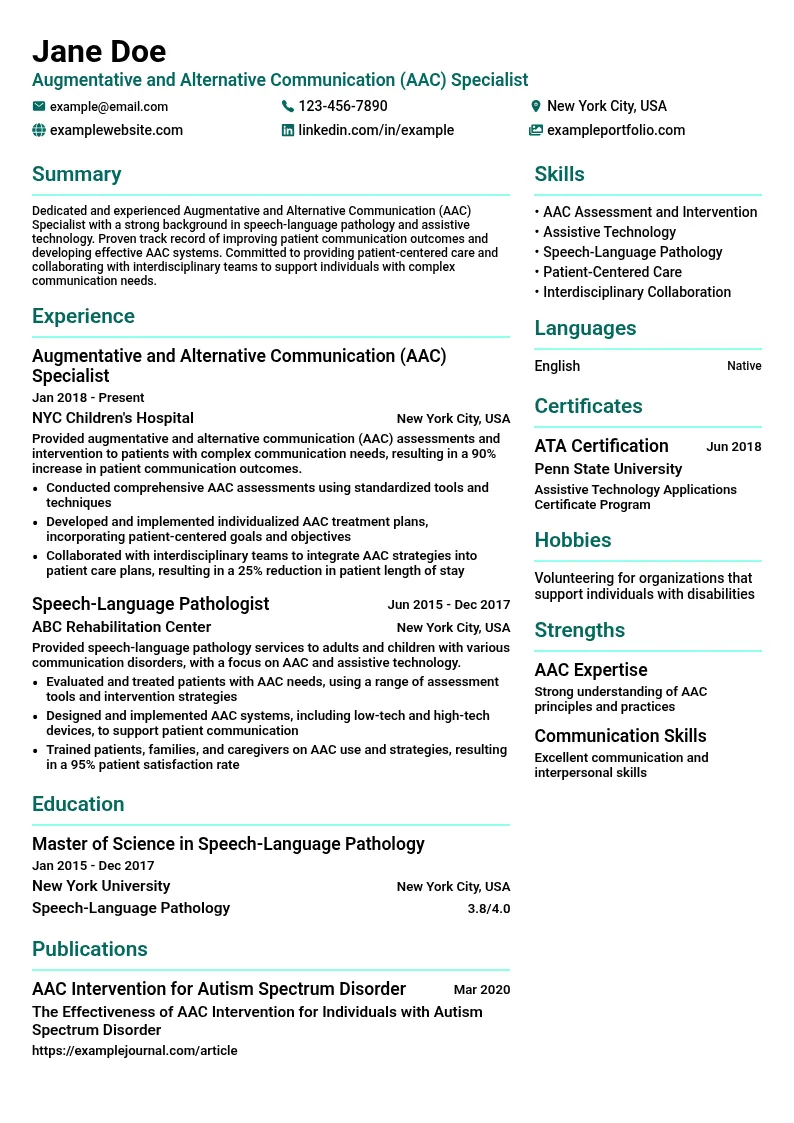 Augmentative and Alternative Communication (AAC) Specialist resume example