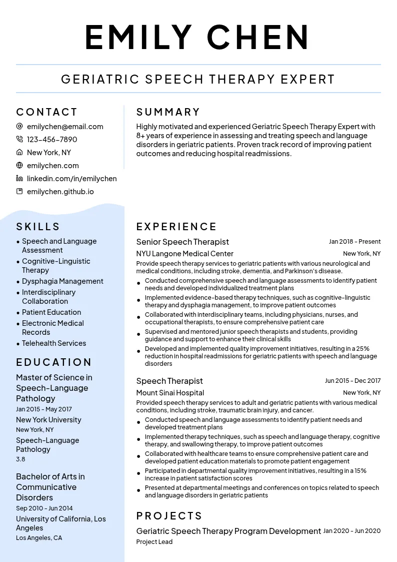 Geriatric Speech Therapy Expert resume example