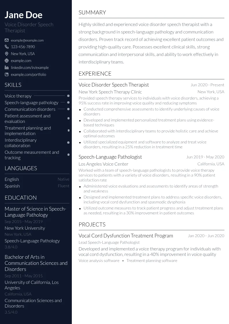 Voice Disorder Speech Therapist resume example