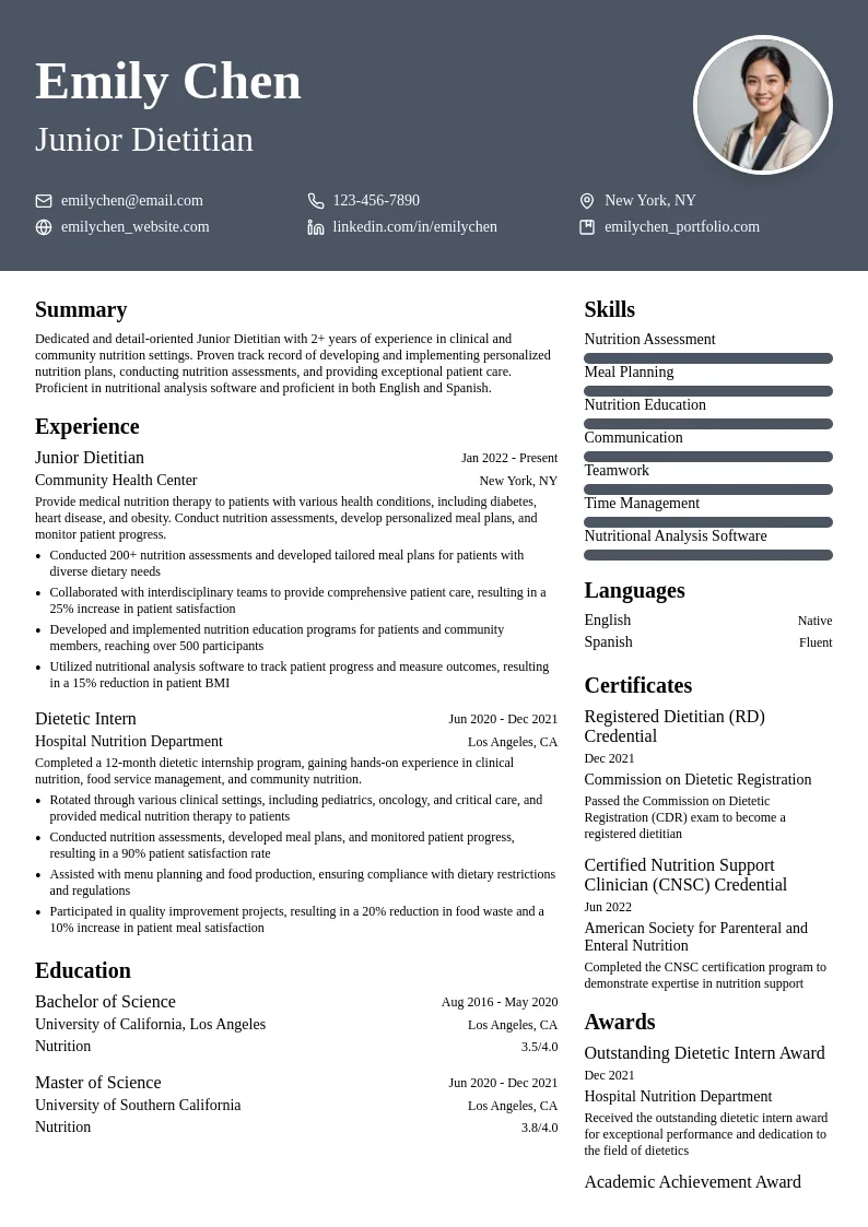 Junior Dietitian resume example