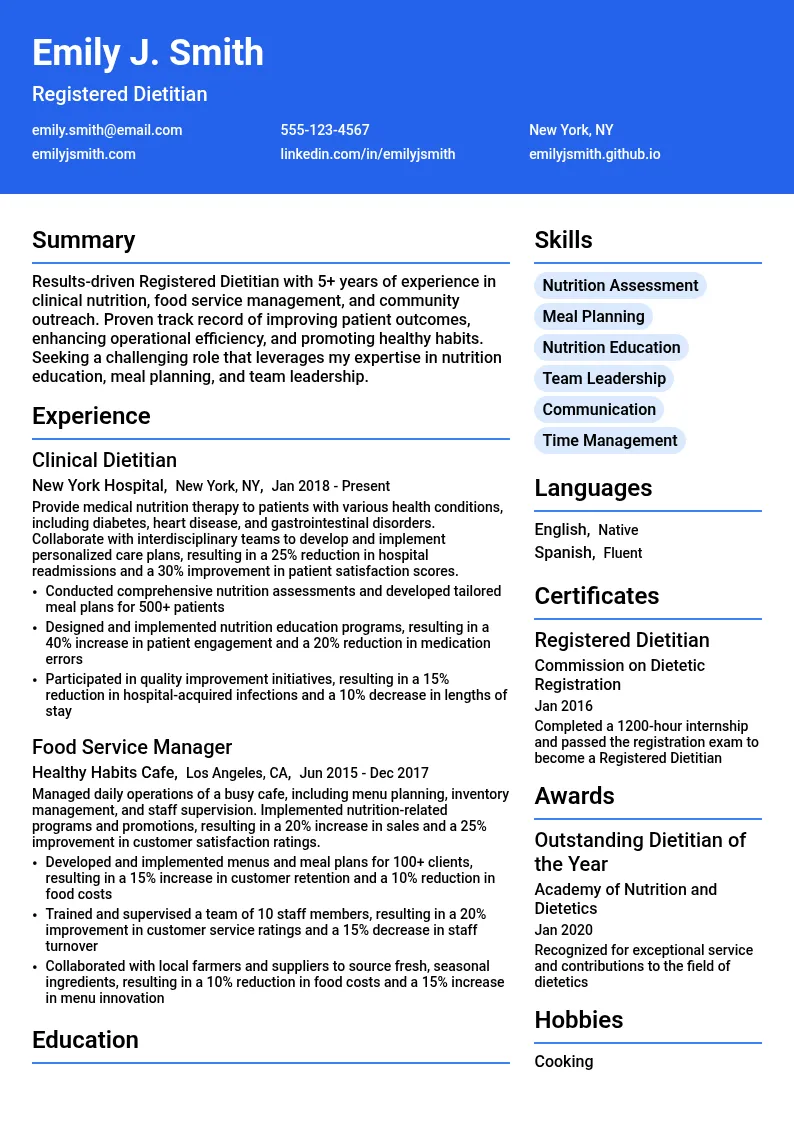 Registered Dietitian resume example