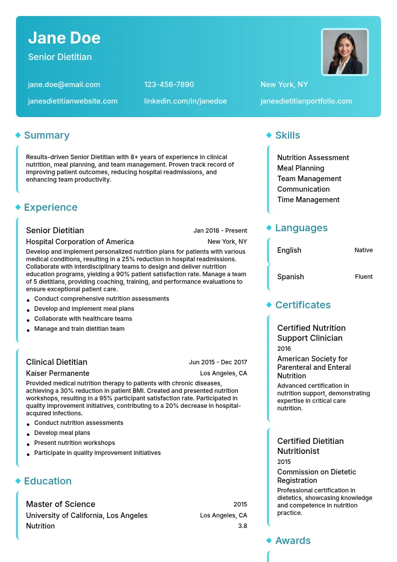 Senior Dietitian resume example
