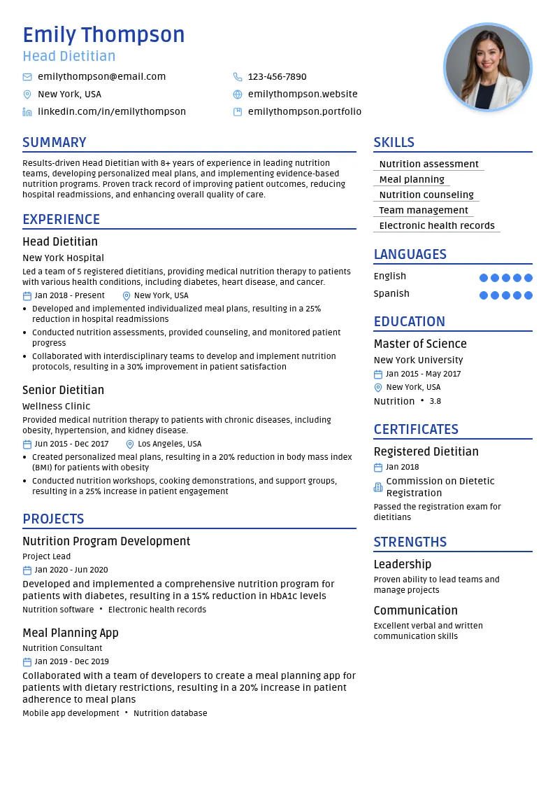 Head Dietitian resume example