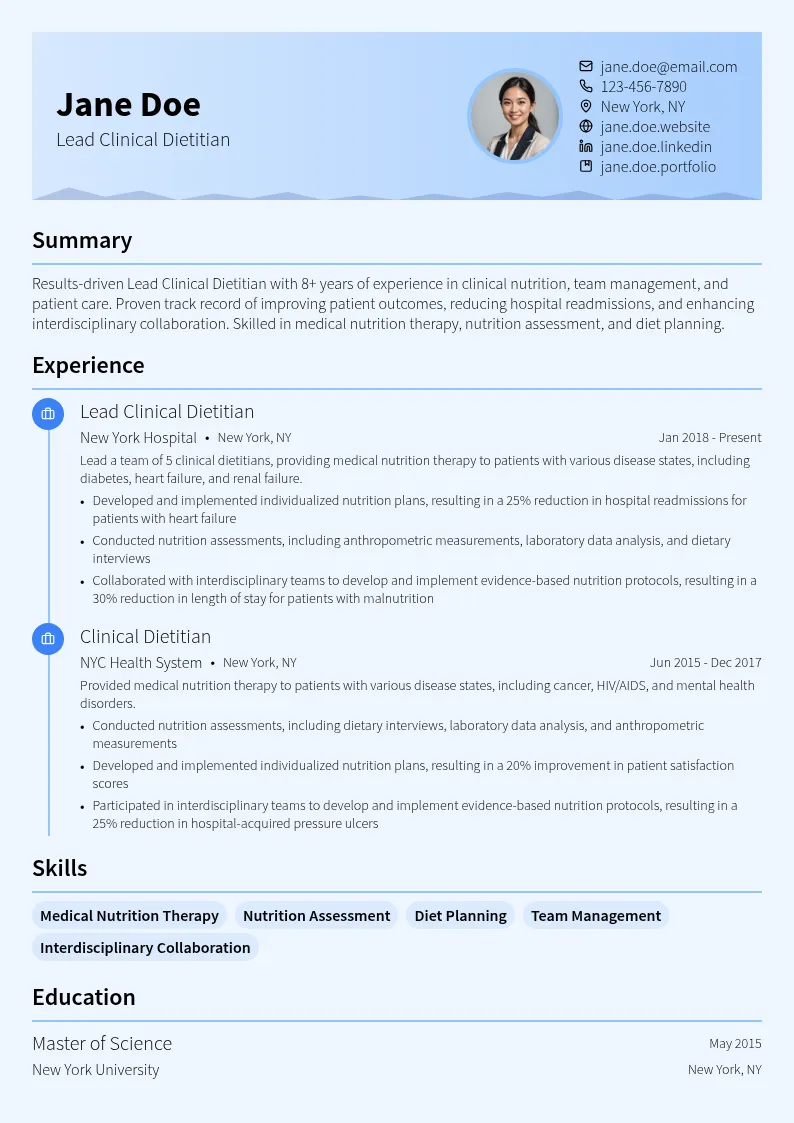 Lead Clinical Dietitian resume example