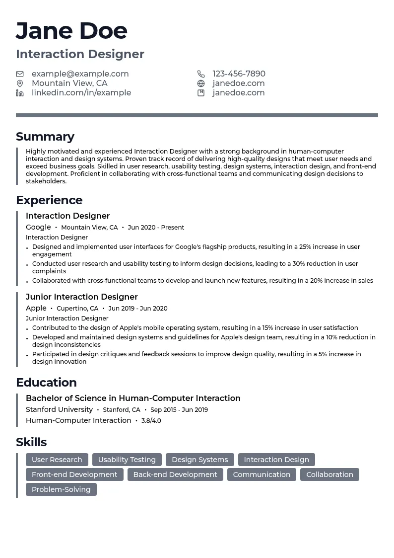 Interaction Designer resume example