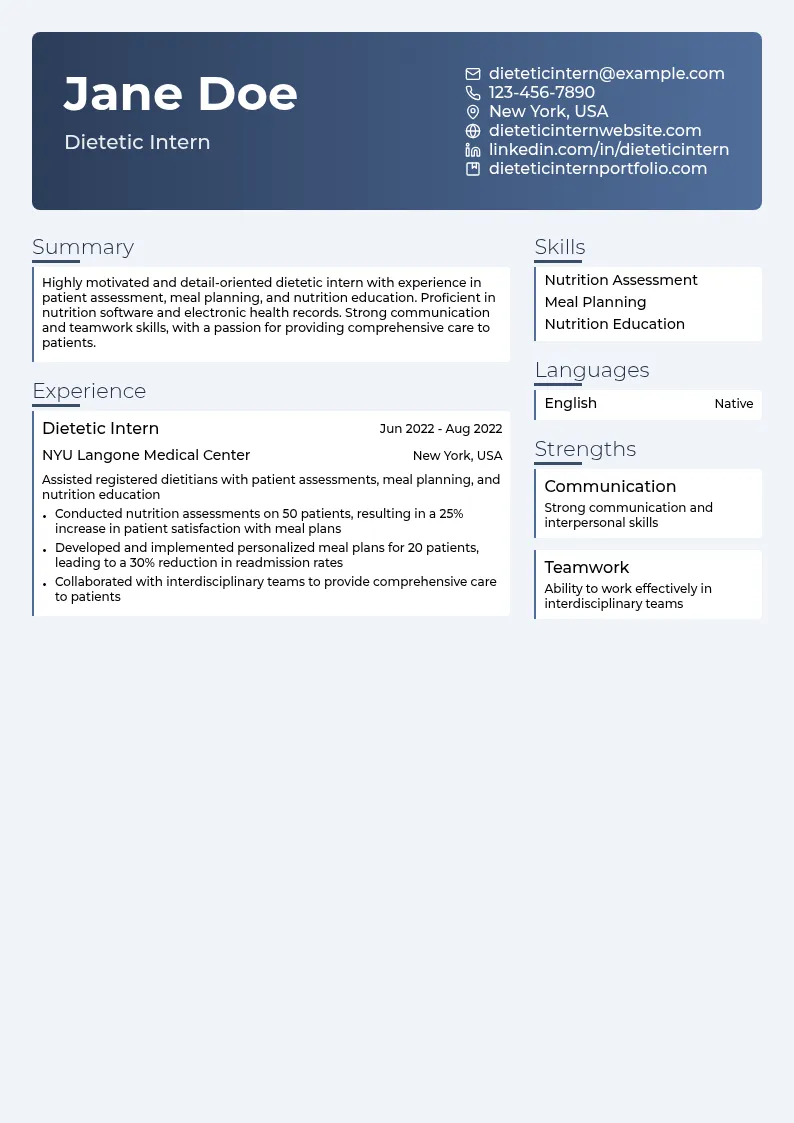 Dietetic intern resume example